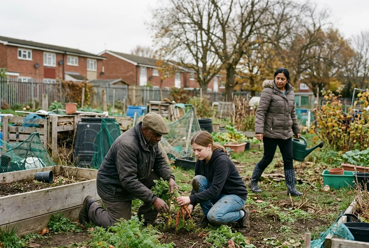 Neighbours of different ages pulling up carrots at a community allotment