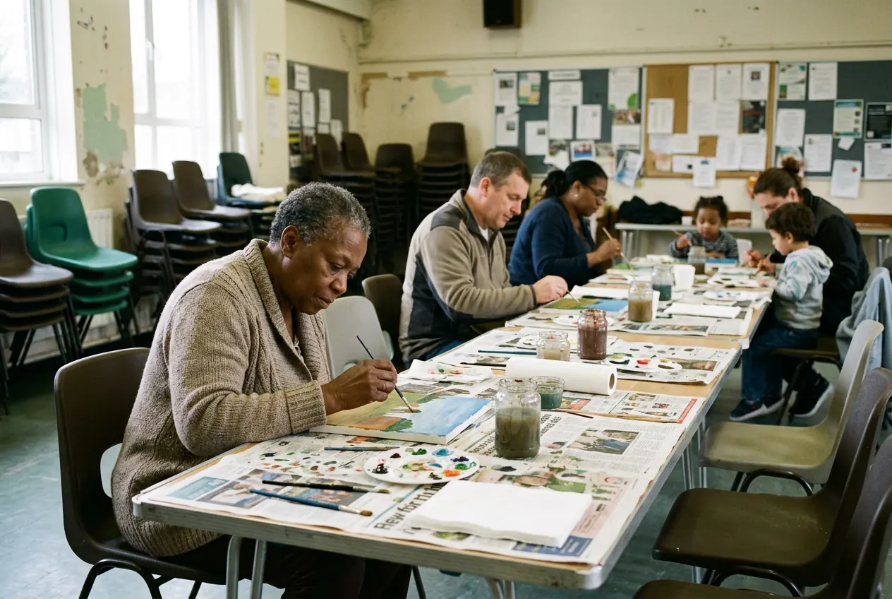Adults and children painting together at a drop-in art club