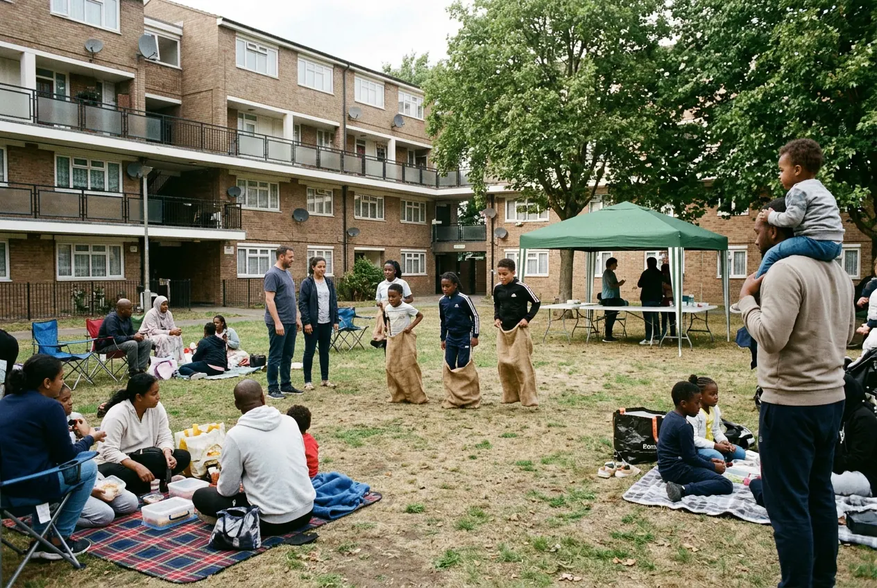 Families on picnic blankets and children in a sack race at a community fun day