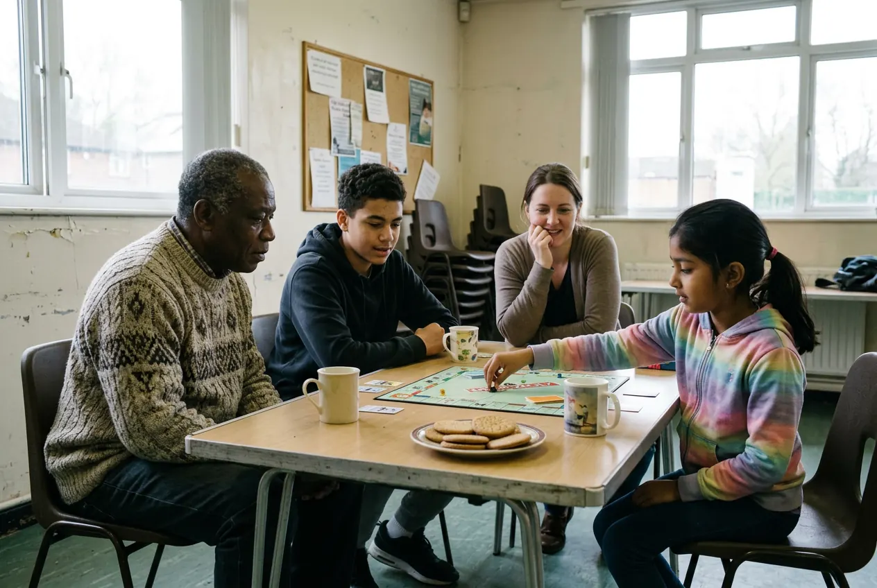 A grandad, a teenager, a mum and a young girl playing a board game together